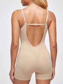 1pc Nude Plus Size Adjustable Spaghetti Strap Deep U Back Romper, Bust Support Tummy Control Waist Shaping Hip Lift, Ribbed High Elastic Seamless Body-Hugging Soft Breathable Shapewear, Dress Inner Layer Home Sports Streetwear Daily Halloween Layering Base Layer - Apricot - View 2