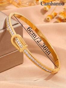 1 Pieza Moderno Brazalete De Acero Inoxidable Y Circonita Cúbica Adecuado Para Mujeres - Dorado - Ver 11