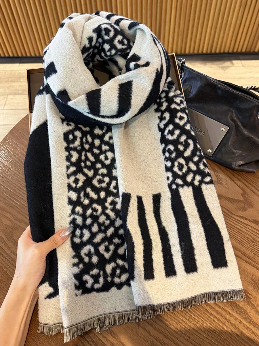 1pc Leopard Print Black Scarf For Women, Winter Warm Versatile Shawl, Dual-Use Air-Conditioned Room Office Cape, Long Thick Neck Warmer - Black - View 1