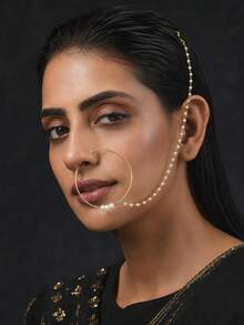 STONEFANS 1pc Gold Pearl Nose Ring Chain For Women, Large Hoop Nath Nathni, Bridal Face Jewelry For Wedding Festival Party - Gold - View 1