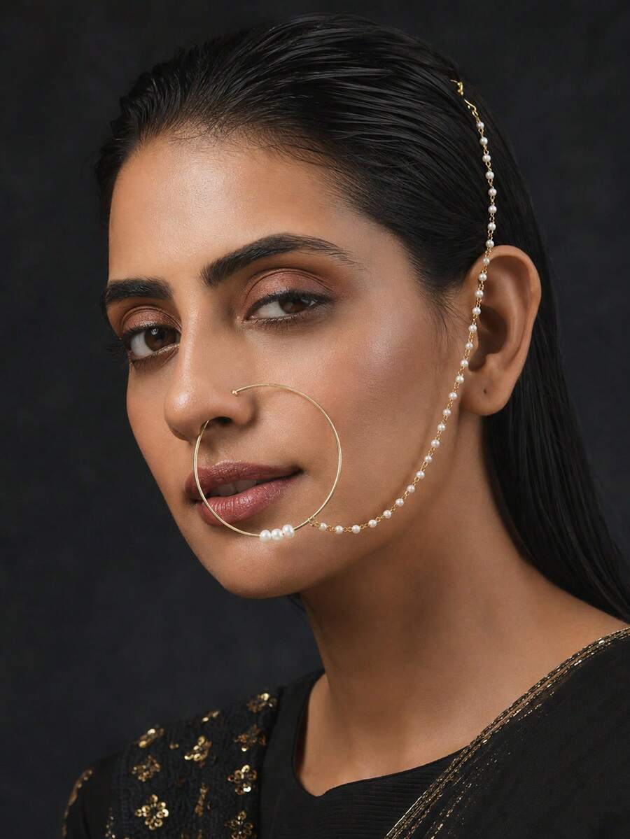 STONEFANS 1pc Gold Pearl Nose Ring Chain For Women, Large Hoop Nath Nathni, Bridal Face Jewelry For Wedding Festival Party - Gold - View 1