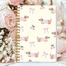 1pc 14*21cm Spiral Notebook, Cute Cartoon Dachshund Design For School, Home, Office, Note Taking, Journaling, Daily Planner, Sausage Dog Pink Stripe Outfit Bow Cherry Cream Background Pattern - Multicolor - View 4