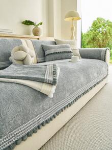 1pc Chenille Sofa Cushion, With Pom Pom Lace Trim Design, All-Season Anti-Slip Seat Pad, Machine Washable, Pet-Friendly Stain-Resistant, Sofa Protector Cover - Light Grey - View 3