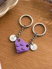 2pcs Customized Letter Heart-Shaped Keychain Set With Interlocking Heart, Customizable Engraved Name Initials, Couple Keychain Set, Valentine's Day Gift, Memorial Gift For Loved Ones - Multicolor - View 5