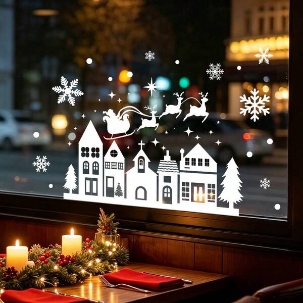 1/4pcs Christmas Village Cottage, Reindeer, And Snowflake Window Decals. Reusable PVC Electrostatic Adsorption Window Stickers, Suitable For Home, Shop Windows, And Holiday Party Decorations.