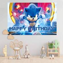 Cartoon Happy Birthday Banner, Anime Peripheral Party Backdrop, Anime Peripheral Party Full Flag, Anime Character Hedgehog Pattern Birthday Party Decoration - Multicolor - View 4