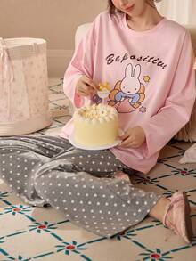 Gongdie 2pcs Miffy Women's Pajama Set, Autumn Pink Soft Cotton Loungewear With Pockets - Pink - View 3