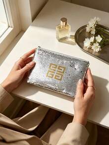 Givenchy Parfums Silver Sequin Cosmetic Bag With 4G Logo Portable Travel Zipper Makeup Storage Pouch Multi‑Purpose Toiletry Organizer Elegant Women Holiday Gift - Silver - View 6