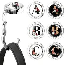 1 Pc Personalized Monogram Initial Foldable Purse Hook For Desk, Floral Design Metal Handbag Hanger, Portable Damage-Free Table Hook For Women, Gravity Edge Hanger - White - View 11