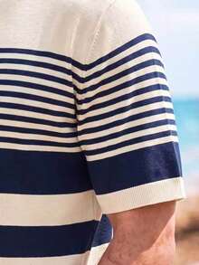 Men's Casual Beach Style Comfortable Striped Crew Neck Versatile Short Sleeve Top - Navy Blue - View 6