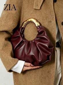Cloud-Shaped Pleated Underarm Bag, PU Material, Suitable For Daily Use, Shopping, Commuting, Work, And University - Burgundy - View 8