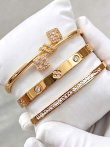 3/1pcsGold‑Tone Stainless Steel Bangle, Snake‑Textured Design, Style, Adds Extra Fashion Sense To Outfits - Gold - View 3