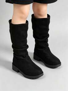Sepatu Bot Anak Perempuan Hitam Suede Berlipit Setinggi Betis, Hak Rendah Anti Selip, Sepatu Bot Longgar Serbaguna untuk Musim Gugur/Dingin - Hitam - View 5