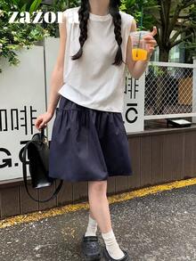 日系休閒運動風女款彈性腰A字迷你裙，百搭日常通勤極簡裙 - 藏青色 - 查看 3