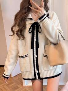 Autumn/Winter New Sweet Preppy Style Lazy Knit Cardigan Jacket With Turn-Down Collar - White - View 7