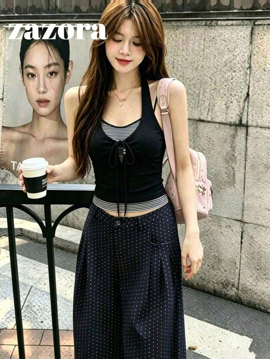 條紋拼接 2 合 1 吊帶背心上衣,修身短版設計,性感夏季女款上衣 - 黑色 - 查看 1