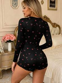 1pc Women's Bowknot Print Jumpsuit - Black - View 3