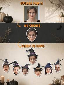 Custom Photo Face Cutout Banner, Halloween Witch Hat Face Photo Banner, Personalized Halloween Party Decoration, Custom Family And Friends Portrait Banner, Spooky Costume Party Decor, Halloween Celebration Photo Display, Gift For Family And Friends. - Multicolor - View 5