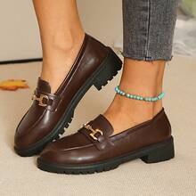Women's Brown Round Toe Metal Buckle Thick Chunky Heel Loafers Soft Sole Flat Shoes Vintage Commute Spring Autumn All Season - Brown - View 2