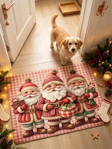1pc Pink Plaid Background 3 Santa Claus Rectangular Doormat, Christmas, Carpet, Door Mat, Small Rug, Floor Mat, Home Decor, Area Rug - Multicolor - View 2
