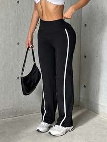 Hidkat Women's Fashion Solid Color High Waist Slim Fit Yoga Casual Sports Knit Flare Pants - Black - View 5