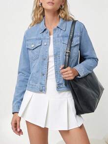 Minimalist Commuter Style Short Denim Jacket, Women's Lapel Multi-Button Double Pocket Casual Long Sleeve Jacket - Light Wash - View 3