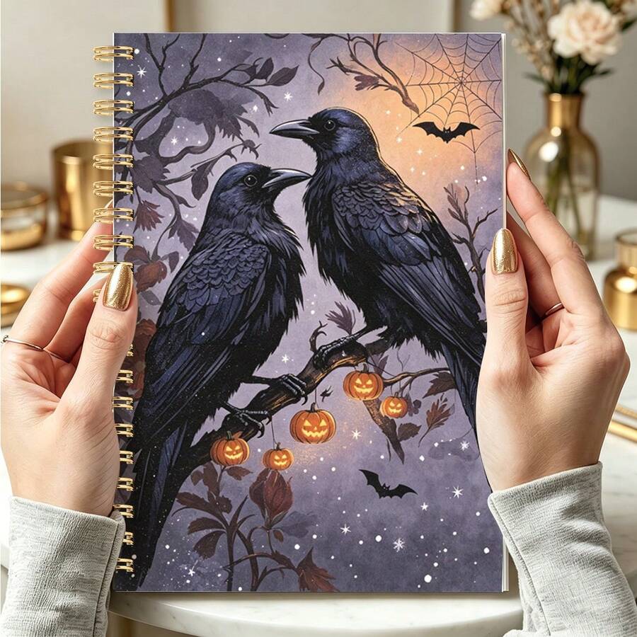 DANPERJI 1pc A5 Spiral Notebook, Atmospheric Halloween Dual Ravens Bat Art Print Cover, Note‑Taking Diary,Gothic‑Fall‑Festive Aesthetic, Home & Office Scenarios, Idea Jotting, Personal Memory Log Journal - NX-1 - View 1