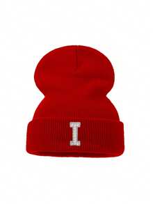 1pc Adult Women Red Bling Pearl Rhinestone Letter Beanie, Stylish Custom A‑Z Initial Cuffed Skull Hat, Elastic Fashionable Solid Color Winter Cap - Red - View 28