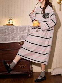 Gongdie Universal Women Toothless Nightgown,Spring Fall Gray Contrast Striped Soft Cotton Loungewear With Pocket - Grey - View 4