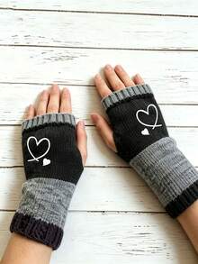Autumn/Winter Colorblock Knit Fingerless Wrist Warmers With Cute Heart Print, Elastic Warm Gloves For Women, Daily Use - Multicolor - View 11