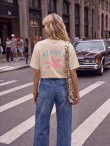 Women's New Palm Tree Slogan Print Casual Round Neck Short Sleeve T-Shirt, Fashionable Resort Style, Your Daily Essential. Graphic Tee, Women's T-Shirt Tops, Vacation Summer - Apricot - View 9