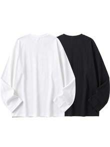 2 Pack Kaos Wanita Oversized Lengan Panjang, Polos Kerah Bulat Bahu Turun Potongan Longgar Kasual Basic, Atasan Harian untuk Musim Semi Gugur dan Dingin - MultiWarna - View 4