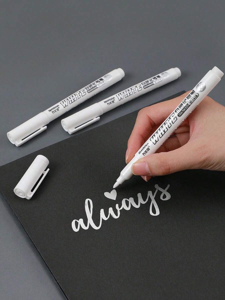 3pcs White Permanent Marker Pens, Waterproof Quick-Dry White Paint Markers For Plastic, Metal, Glass, Wood, Paper & Fabric - A - View 1