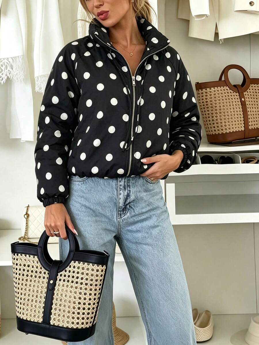Fashion Drawstring Stand Collar Loose Drop Shoulder Polka Dot Short Jacket - Black - View 1