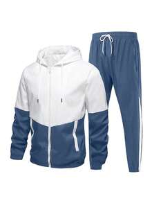 Boyfriend Style Outdoor Sports Camping Fashion Colorblock Jacket & Colorblock Sports Long Pants Set, One-Piece - Blue - View 3