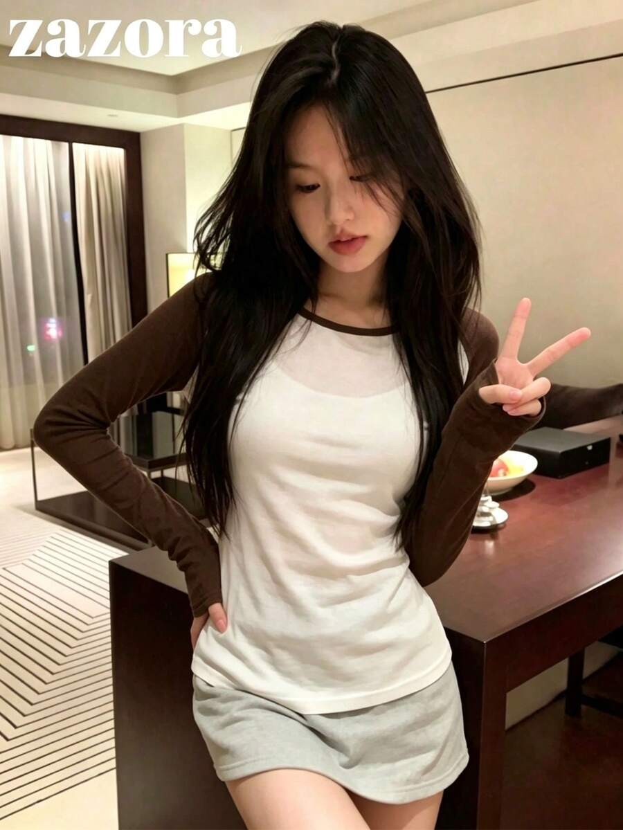 女款拼色網格拼接長袖上衣，復古酷感薄款微透修身內搭T恤，秋季 - 咖色 - 查看 1