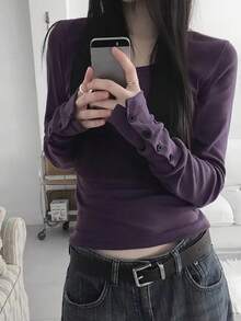 Autumn V-Neck Slim Fit Long Sleeve Base Layer T-Shirt - Purple - View 2