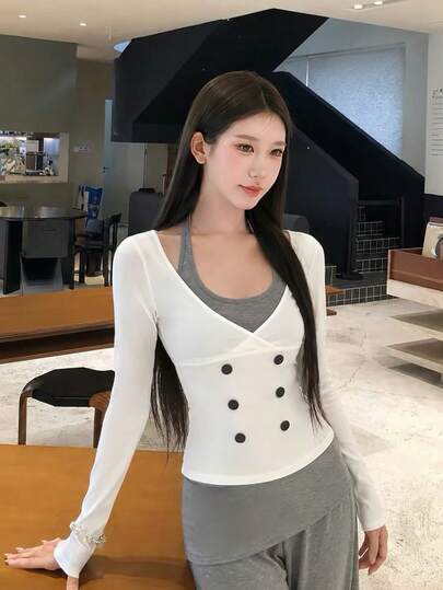 Napoleon Long Sleeve Double-Breasted T-Shirt, 2 In 1, Elegant Slim Fit, High-End Unique Women's Top