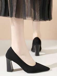 1 Pair Black Suede Pointed Toe Women's High Heels, Professional Work Commute Versatile Pumps, Mid-Heel Chunky Heel, PU Material Suitable For All Seasons - Black - View 2