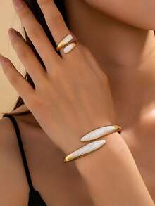 4pcs/Set Fashion Minimalist Exquisite Gold And Artificial Oil White Floral Geometric Water Drop Line Shape Bracelet Ring Earrings Jewelry Set, Suitable For Women, Thick Smooth Metal And Zinc Alloy Material Bracelet Ring Earrings - White - View 22