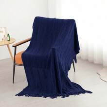 1pc Wavy Pattern Blanket, Nordic Style Acrylic Rectangle Tassel Solid Color Sofa Cover Blanket, Bedding Decor Throw Rug, Nap Blanket, Knitted Blanket - Vertical Stripes With Three Bends, Dark Blue - View 6