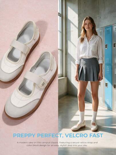 Back To School Season Women's Korean Style Retro Colorblock Hook-And-Loop Mary Jane Shoes, T-Shaped Hollow Design, Rubber Sole, Non-Slip, Wear-Resistant, Low-Top, Versatile, Daily Commute, Casual, Training Shoes