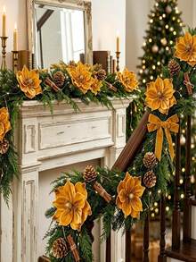 1pc Gold Velvet Poinsettia Artificial Christmas Flower Stem, Shiny Christmas Tree Decoration, Faux Floral Stem, Suitable For Wreaths, Fireplace Mantels, Holiday Home Decor - Multicolor - View 3