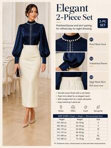 Setelan 2 Potong Wanita Elegan Musim Semi/Gugur, Atasan Lengan Panjang Warna Polos & Rok Warna Polos, Modis dan Romantis - Royal Blue - View 6