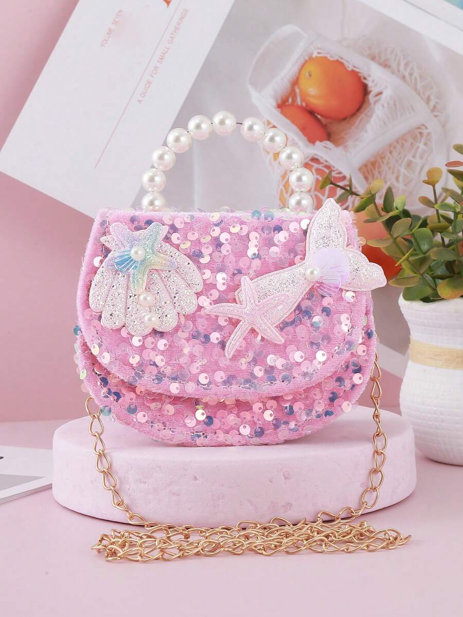 1pc Mini Kids Handbag With Shiny Sequin Fish Tail Decor, Beaded Flap ...