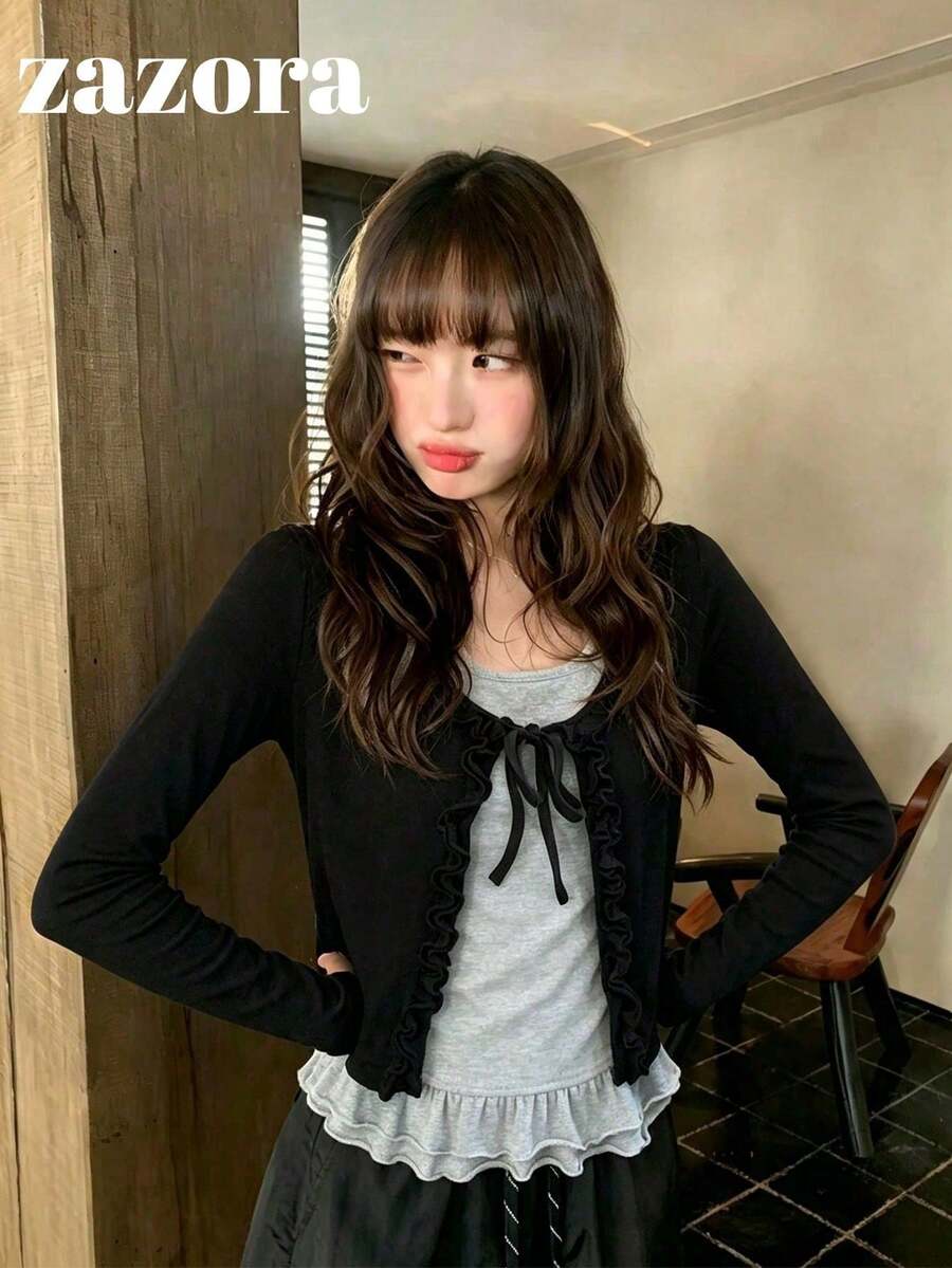 Women's Autumn 2 In 1 Patchwork Long Sleeve Base Layer Top With Frill Trim Cardigan Style - Black - View 1
