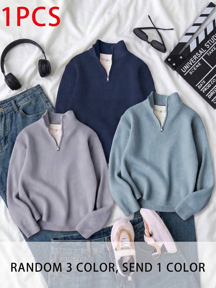 1pc Boys' Fashion Pullover Knit Sweater, Thick Warm Layering Piece For Spring, Autumn, Winter - Multicolor - View 1