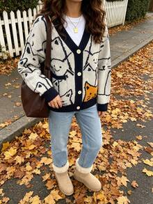 Women's V-Neck Contrast Color Cat Jacquard Loose Casual Cardigan Sweater With Side Pockets, Autumn/Winter - Multicolor - View 1