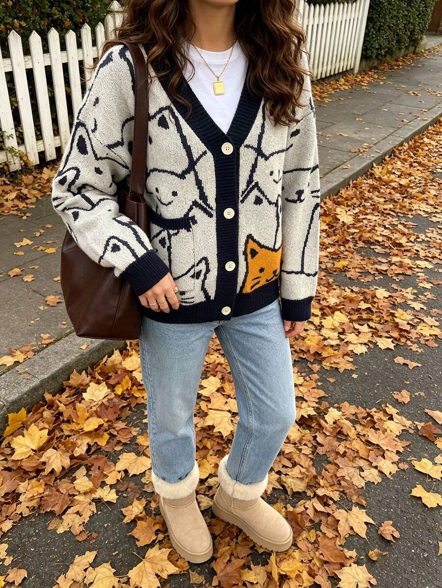 Women's V-Neck Contrast Color Cat Jacquard Loose Casual Cardigan Sweater With Side Pockets, Autumn/Winter - Multicolor - View 1