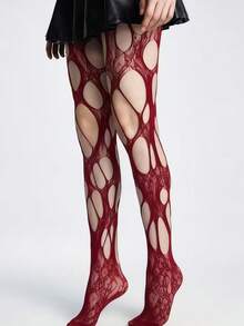 1pc Women's Distressed Hollow Fishnet Stockings, Gothic Punk Alternative Fashion, Suitable For Nightclub And Party Occasions - Red - View 4